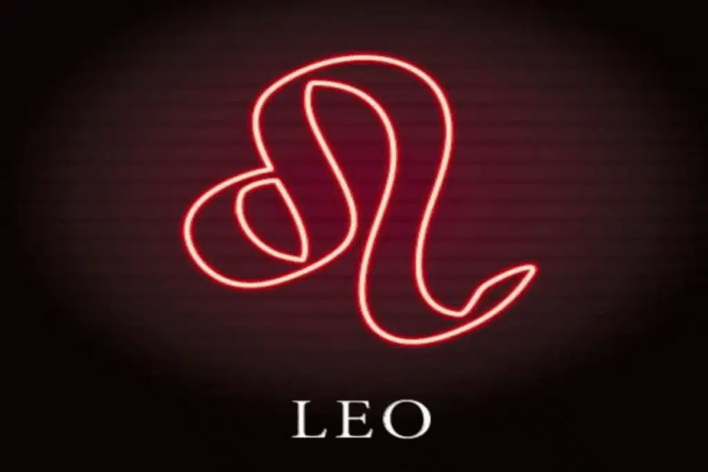 Ilustração do símbolo de leão em vermelho néon sobre o nome do signo em inglês