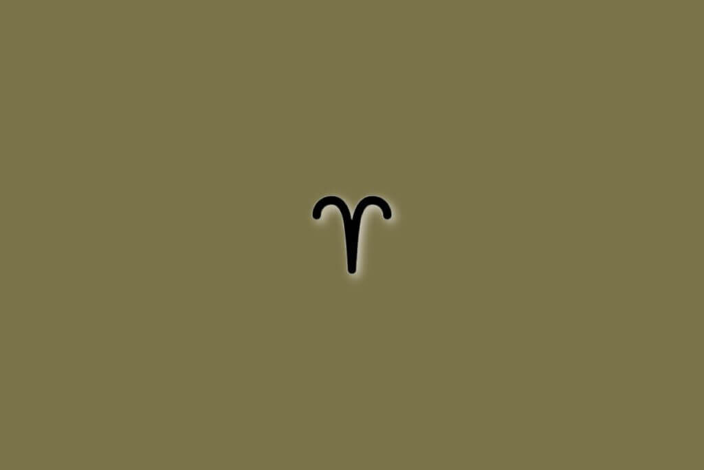 Símbolo do signo de Áries em preto sobre fundo verde-oliva