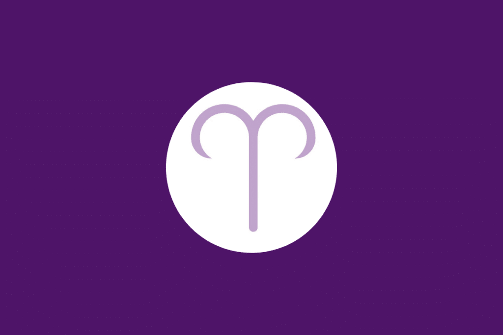 Círculo branco centralizado em fundo roxo e com o símbolo de áries dentro