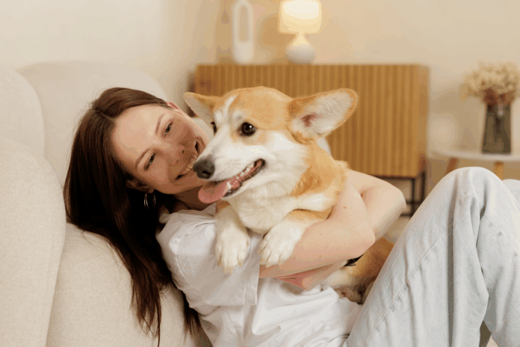 Mulher sentada, sorrindo e fazendo carinho em um cachorro 