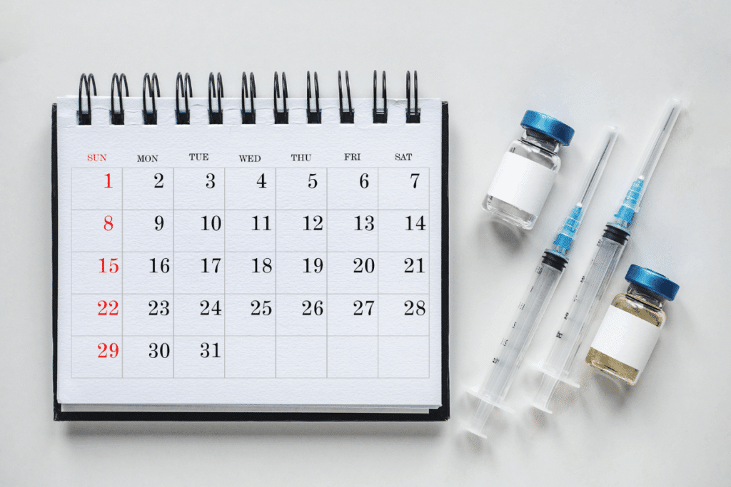 Calendário com os dias do mês, ao lado de vidros de vacina e agulhas de aplicação em fundo branco