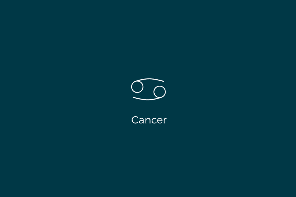 Ilustração do signo de câncer, com o nome do signo abaixo, centralizado em um fundo verde-escuro