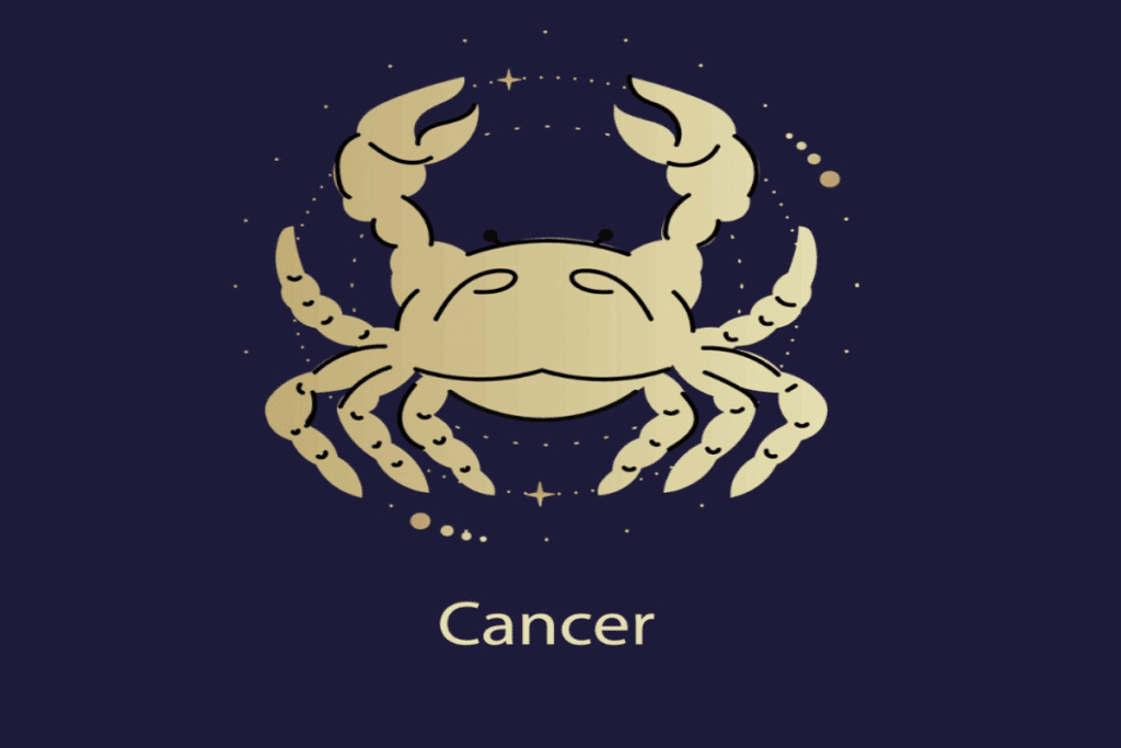 Ilustração amarela do símbolo e do nome do signo de câncer sobre fundo azul-escuro