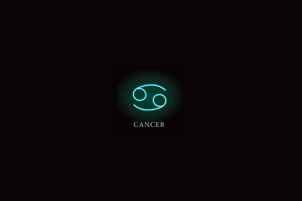 Ilustração do símbolo do signo de câncer em verde água, com o nome do signo abaixo, sobre fundo preto