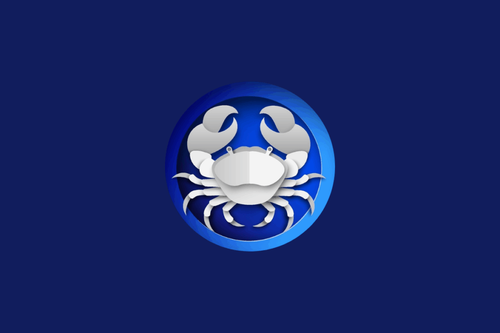 Ilustração do signo de Câncer em cinza, dentro de uma esfera com cores mesclando tons de azul-claro e azul-escuro, centralizada sobre um fundo azul-escuro