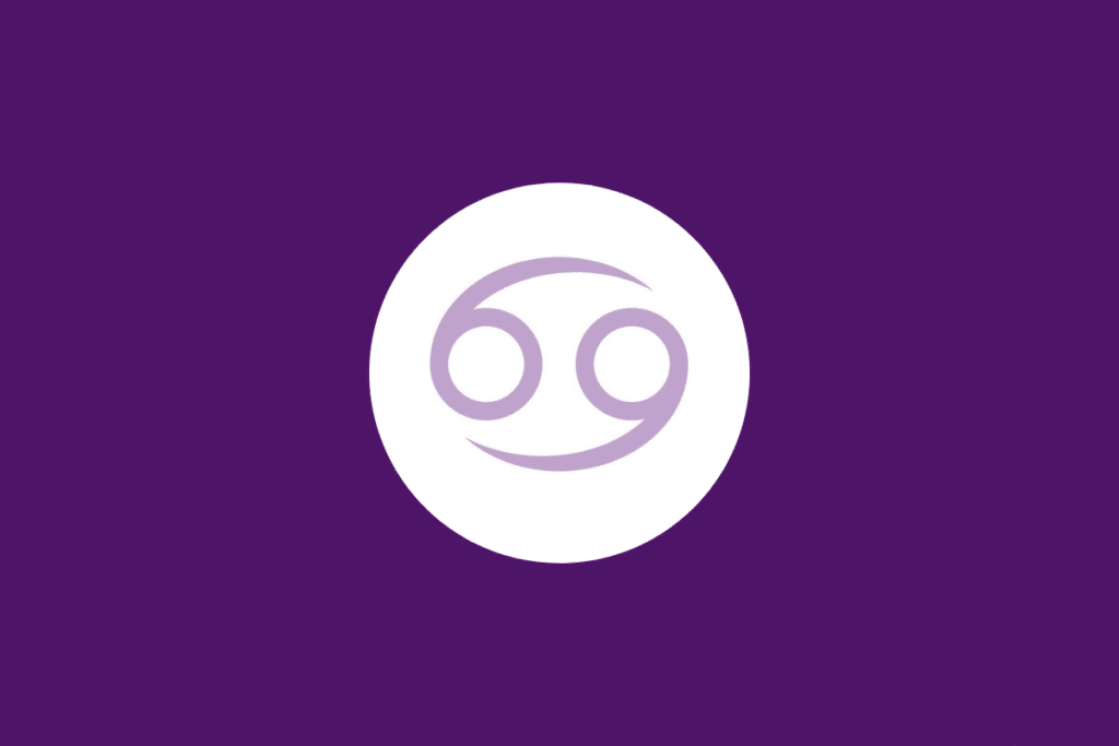 Círculo branco centralizado em fundo roxo e com o símbolo de câncer dentro