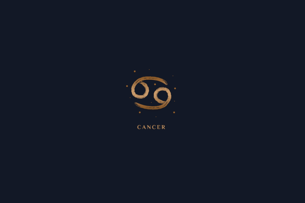 Ilustração do símbolo de câncer em dourado, com o nome do signo abaixo, centralizado em fundo azul-escuro