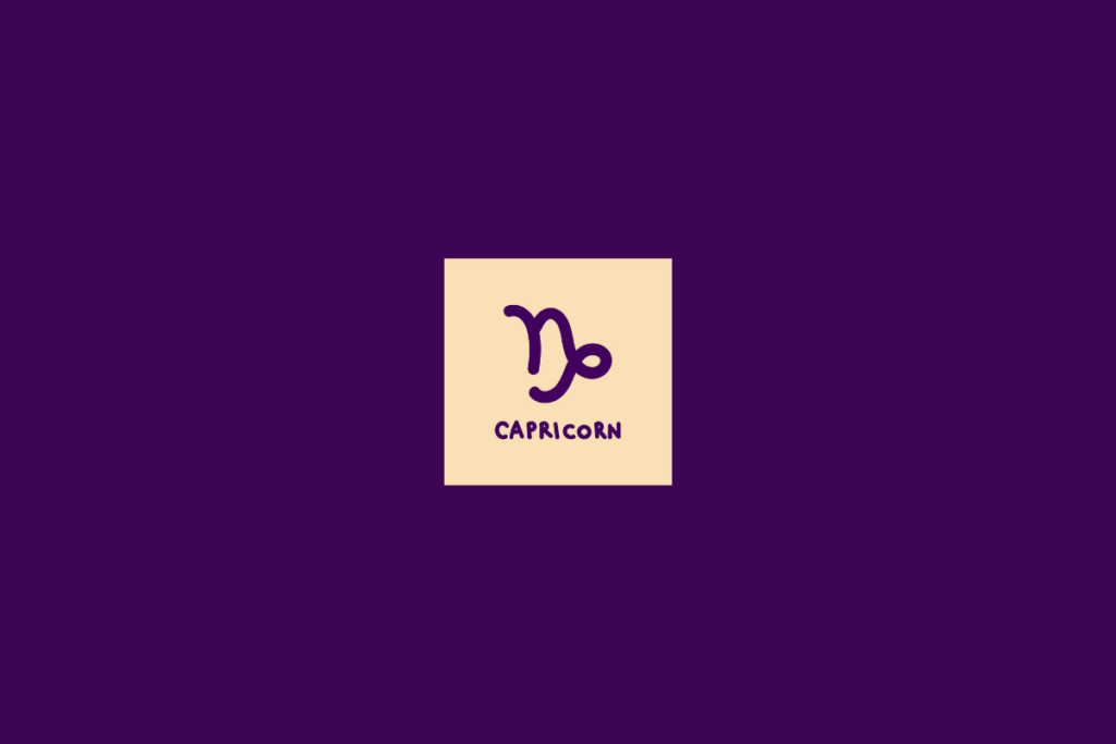 Ilustração do signo de capricórnio dentro de um quadrado bege-claro e centralizado em fundo roxo-escuro
