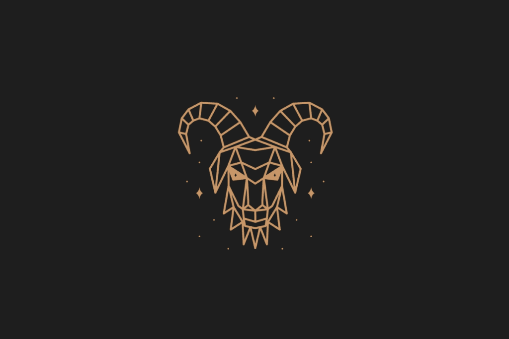 Ilustração do signo de capricórnio em dourado, com estrelas ao redor, centralizada sobre fundo preto