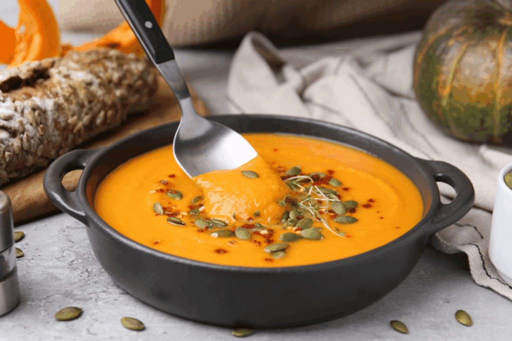 Panela preta com Sopa de abóbora cremosa polvilhada com sementes de abóbora e pimenta-calabresa