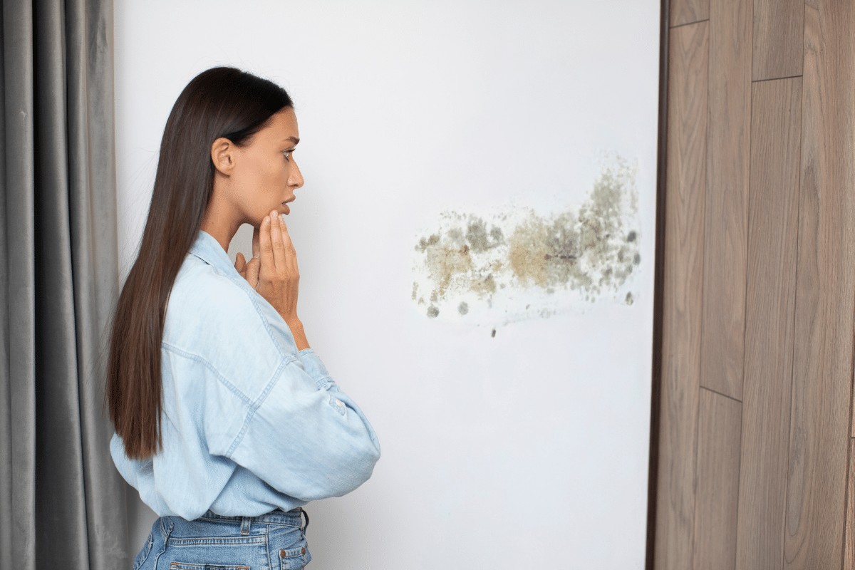 Mulher vestindo camisa azul-clara e calça jeans, observando uma parede com mofo