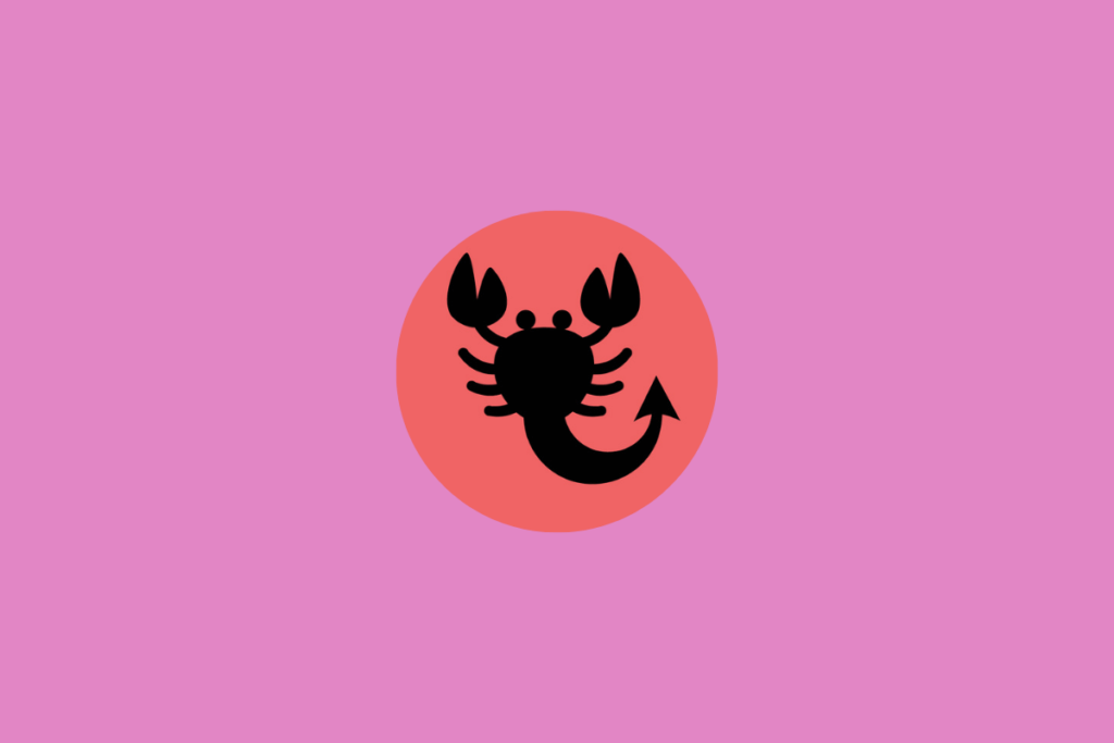 Ilustração do signo de escorpião dentro de um círculo vermelho e centralizado em fundo rosa