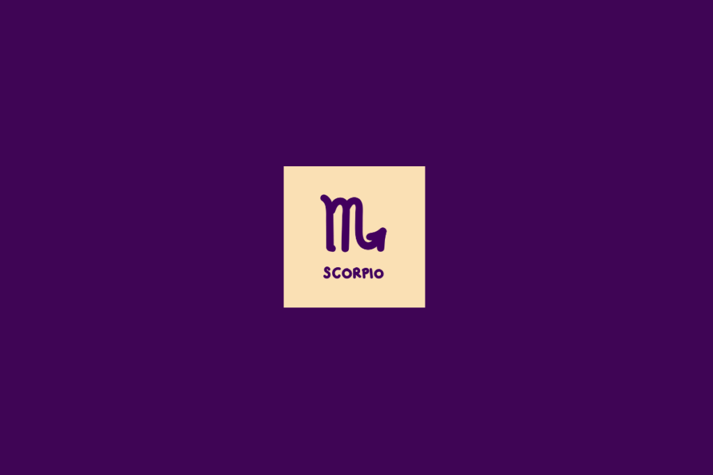 Ilustração do signo de escorpião dentro de um quadrado bege-claro e centralizado em fundo roxo-escuro