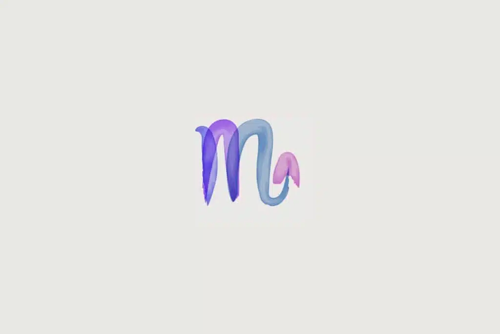 Ilustração do signo de escorpião em roxo sobre um fundo cinza