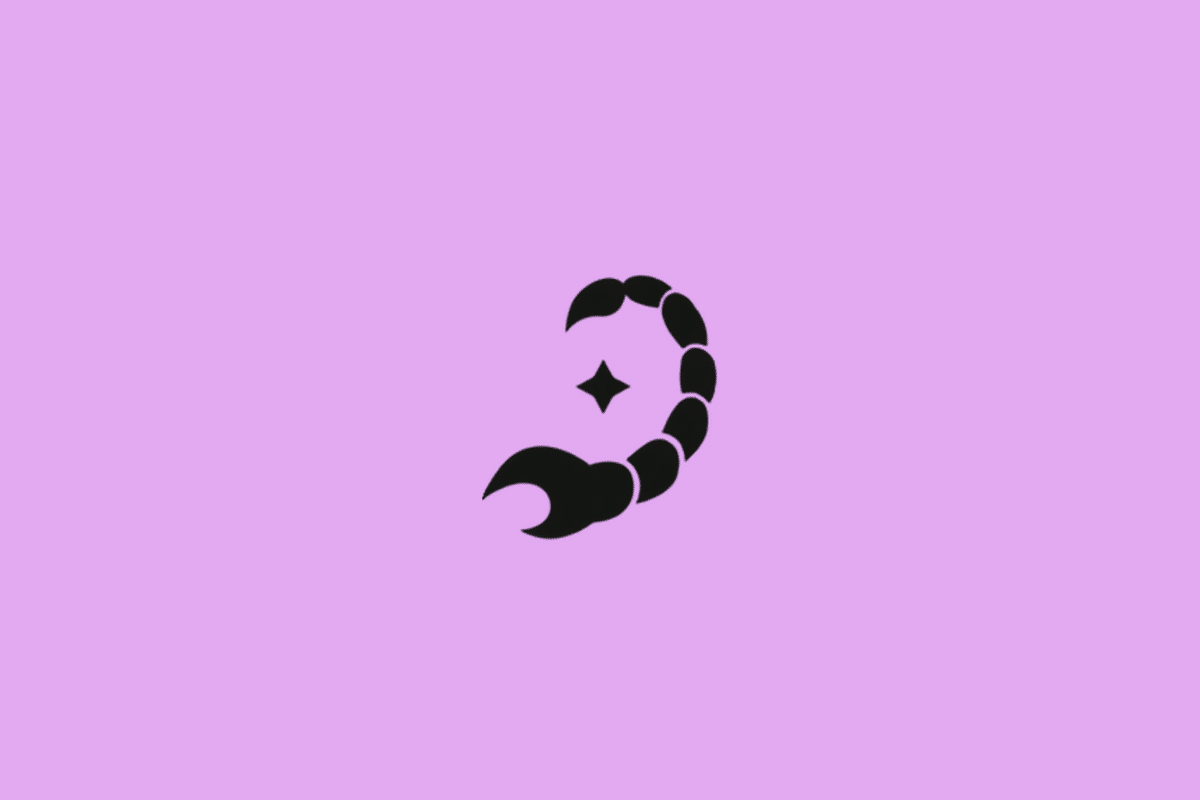 Símbolo do signo de Escorpião em preto com uma estrela em fundo roxo