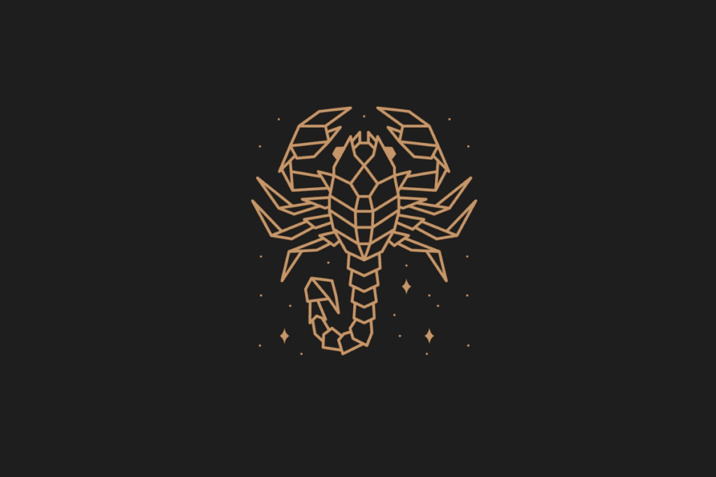 Ilustração do signo de escorpião em dourado, com estrelas ao redor, centralizada sobre fundo preto