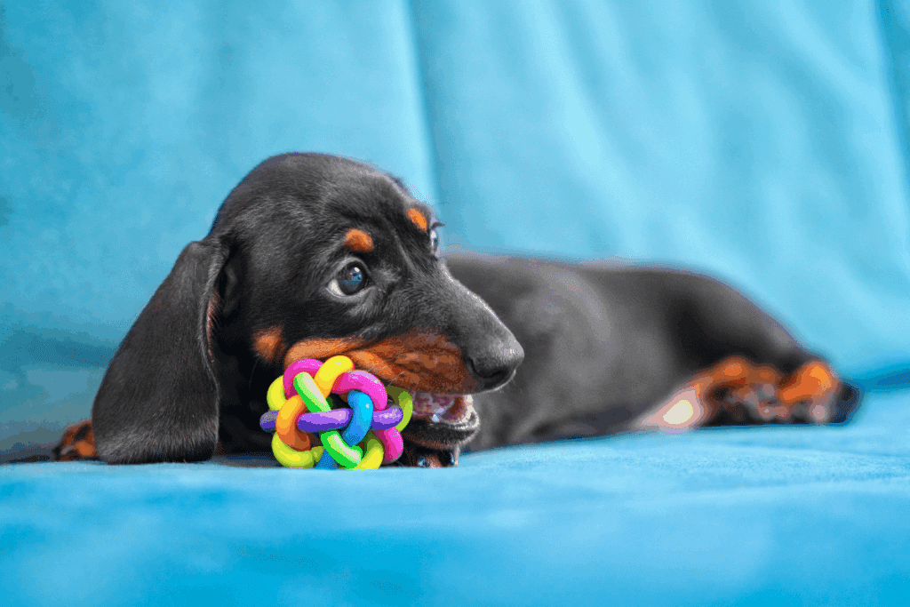 Filhote de cachorro da raça dachshund brincando com bolinha colorida em cima de sofá azul