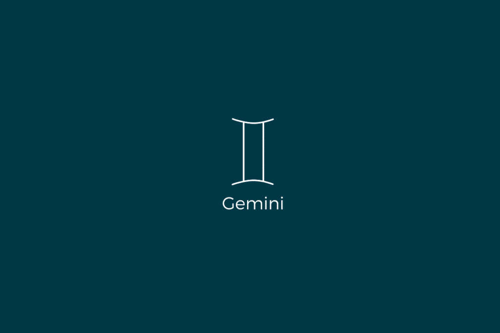 Ilustração do signo de gêmeos, com o nome do signo abaixo, centralizado em um fundo verde-escuro