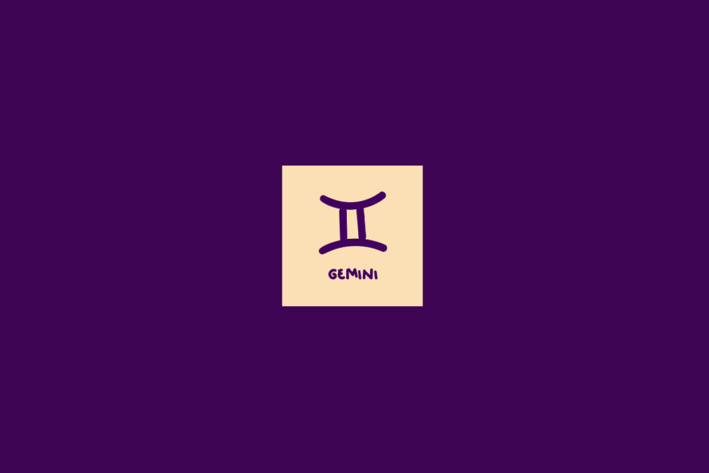 Ilustração do signo de gêmeos dentro de um quadrado bege-claro e centralizado em fundo roxo-escuro