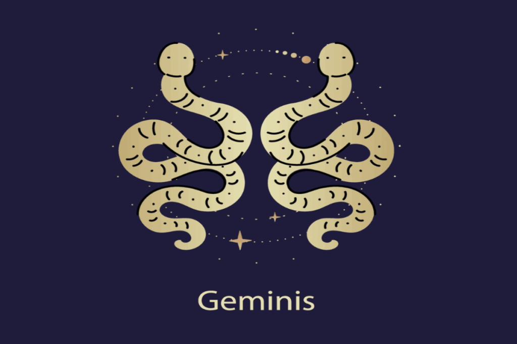 Ilustração amarela do símbolo e do nome do signo de gêmeos sobre fundo azul-escuro