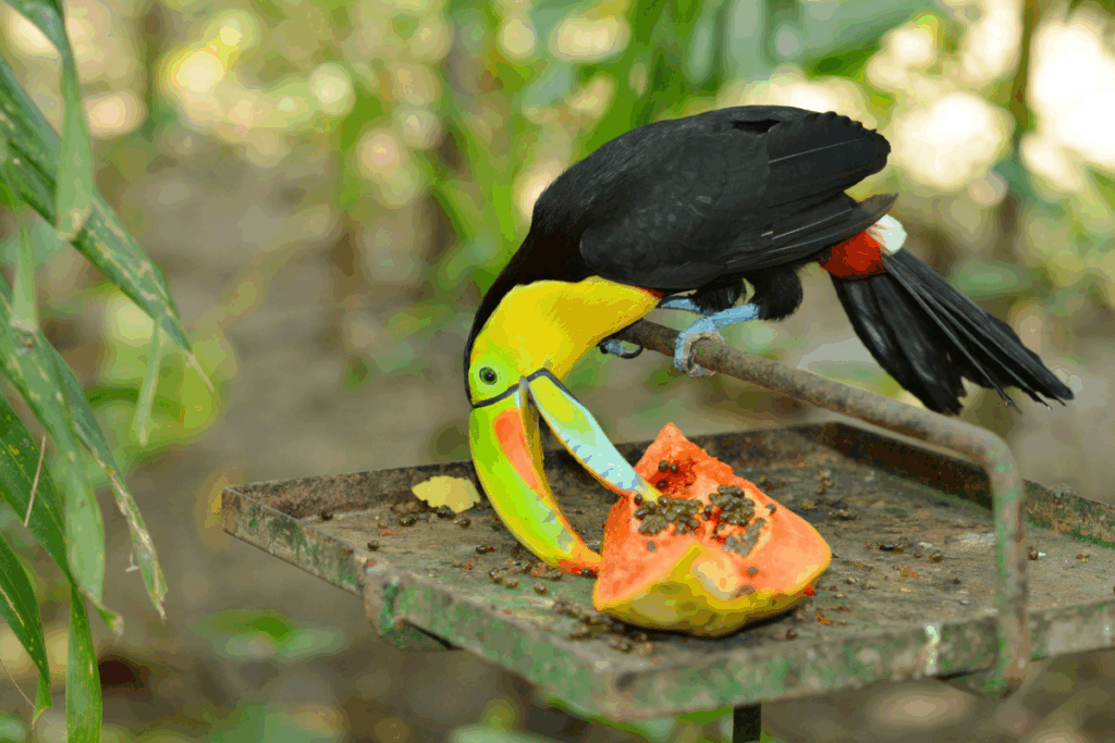 Tucano, com penas pretas e bico amarelo e verde, comendo mamão 