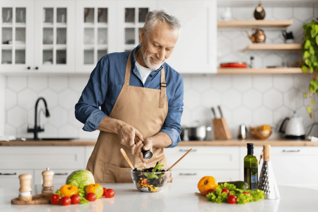 Homem com cabelo curto e barba grisalhos, usando camisa jeans e avental bege preparando salada na cozinha