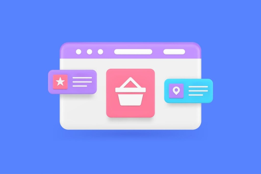 ilustração de página de site com cesto de compra e comentários ao lado em fundo azul