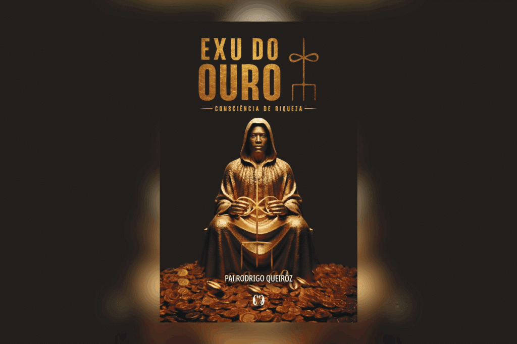 Capa do livro “Exu do ouro”, com uma figura dourada sentada sobre moedas.