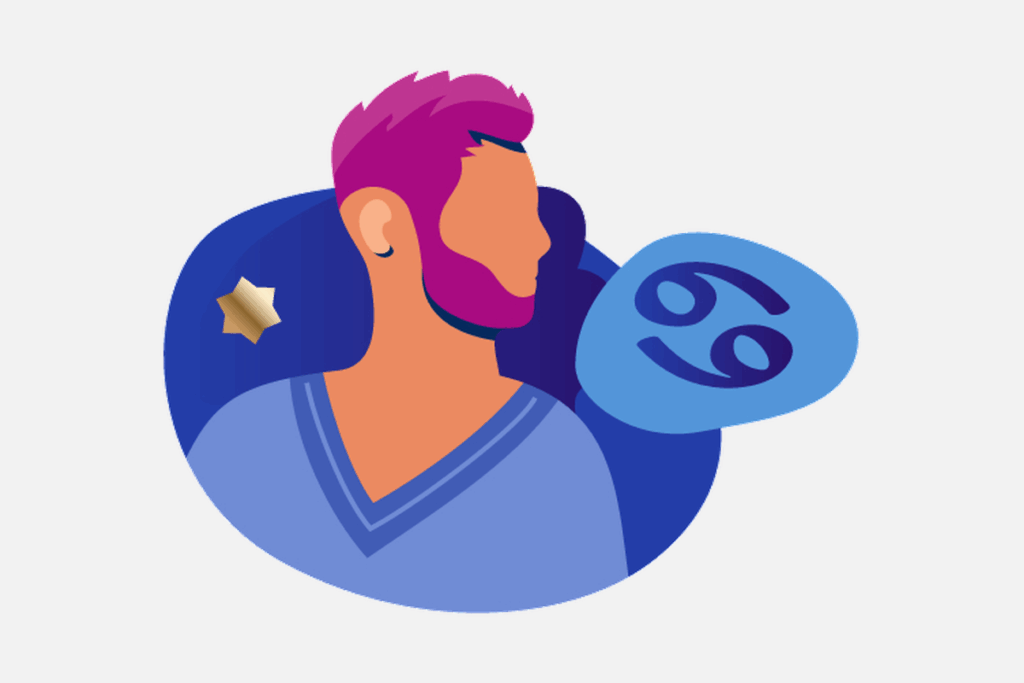 Ilustração do signo de Câncer, contendo o perfil de um homem de cabelo e barba magenta e o símbolo do caranguejo em um balão azul.