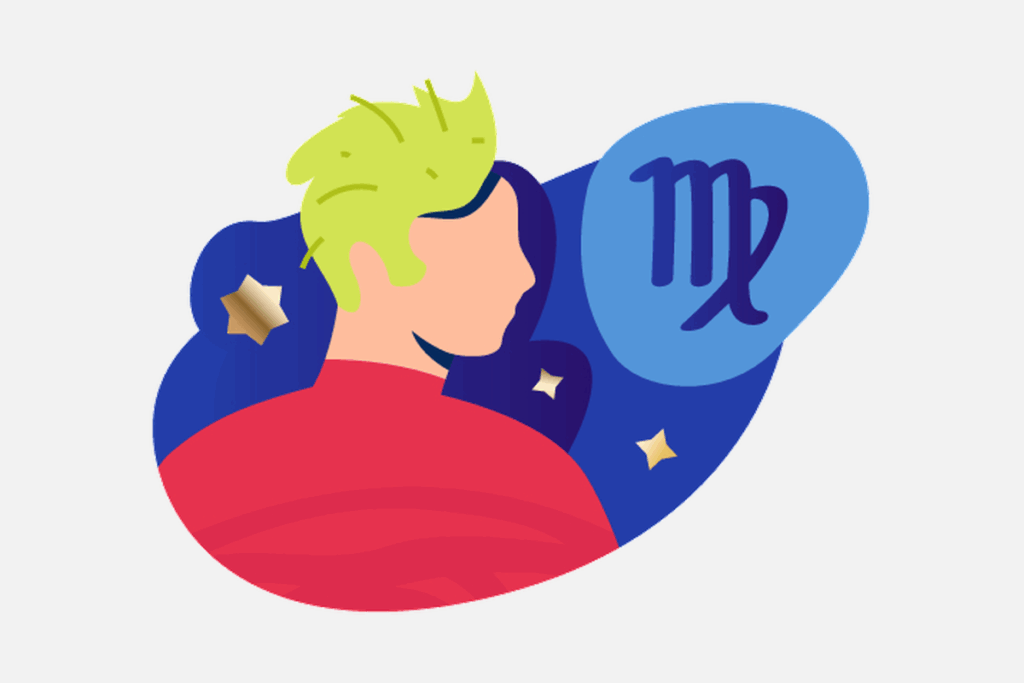 Ilustração do signo de Virgem, contendo o perfil de um homem de cabelo verde-limão e blusa vermelha e o símbolo de Virgem em um balão azul.