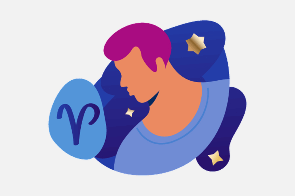 Texto alternativo: Ilustração do signo de Áries, contendo o perfil de um homem de cabelo roxo e o símbolo de Áries em um balão azul.