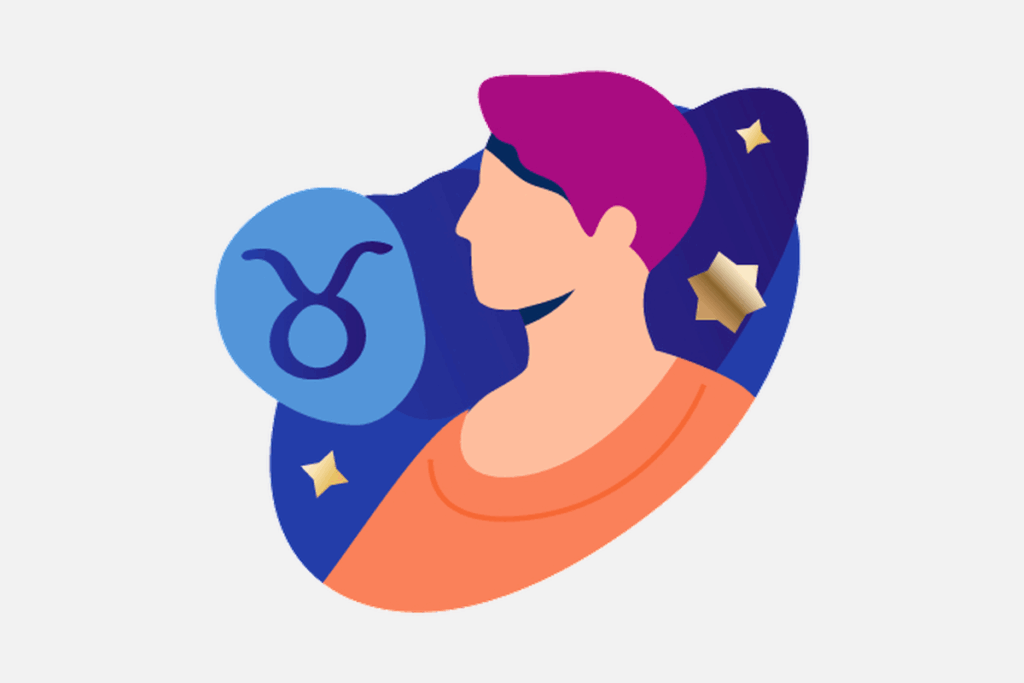 Ilustração do signo de Touro, contendo o perfil de um homem de cabelo magenta e camiseta laranja e o símbolo de Touro em um balão azul.