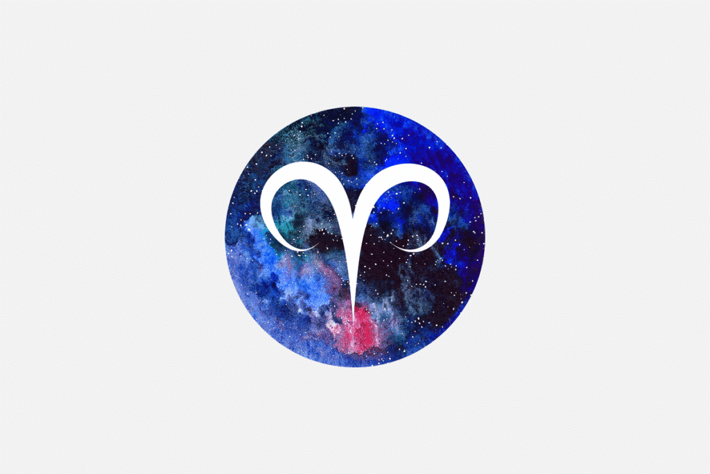Ilustração do signo de Áries, em fundo cinza-claro, contendo um disco com textura de galáxia estrelada em tons de azul e roxo com o símbolo do carneiro, formado por dois chifres curvos em traço branco.