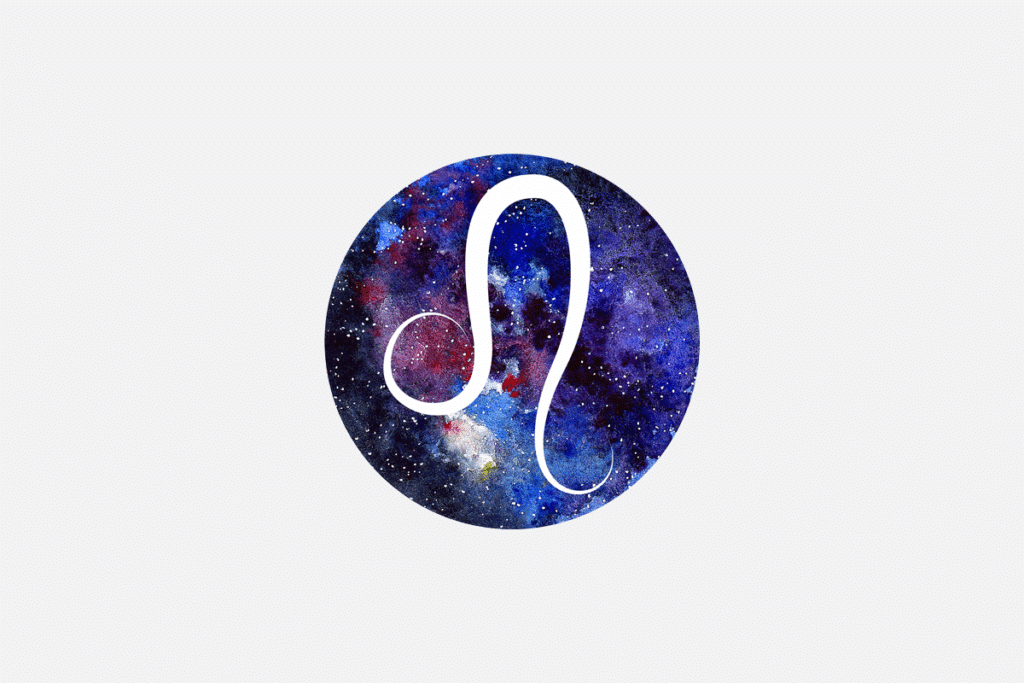 Ilustração do signo de Leão, em fundo cinza-claro, contendo um disco com textura de galáxia estrelada com símbolo formado por um círculo e uma cauda curva em traço branco.