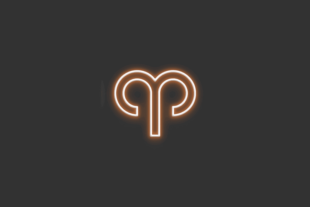 Ilustração do signo de Áries, em fundo cinza-escuro, contendo o símbolo do carneiro desenhado em neon laranja.