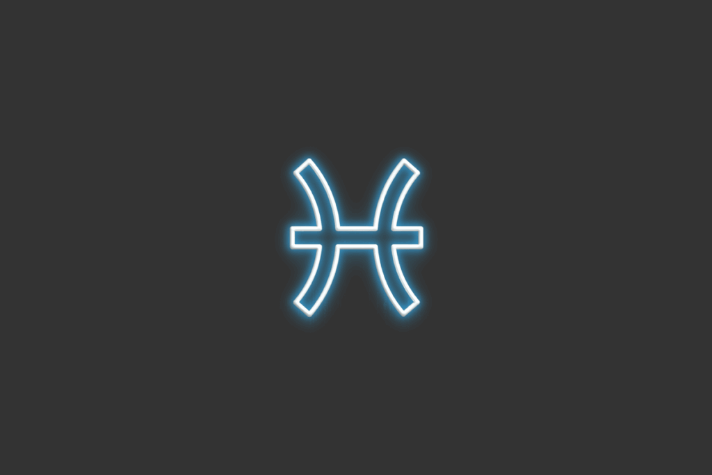Ilustração do signo de Peixes, em fundo cinza-escuro, contendo o símbolo dos dois arcos desenhado em neon azul.