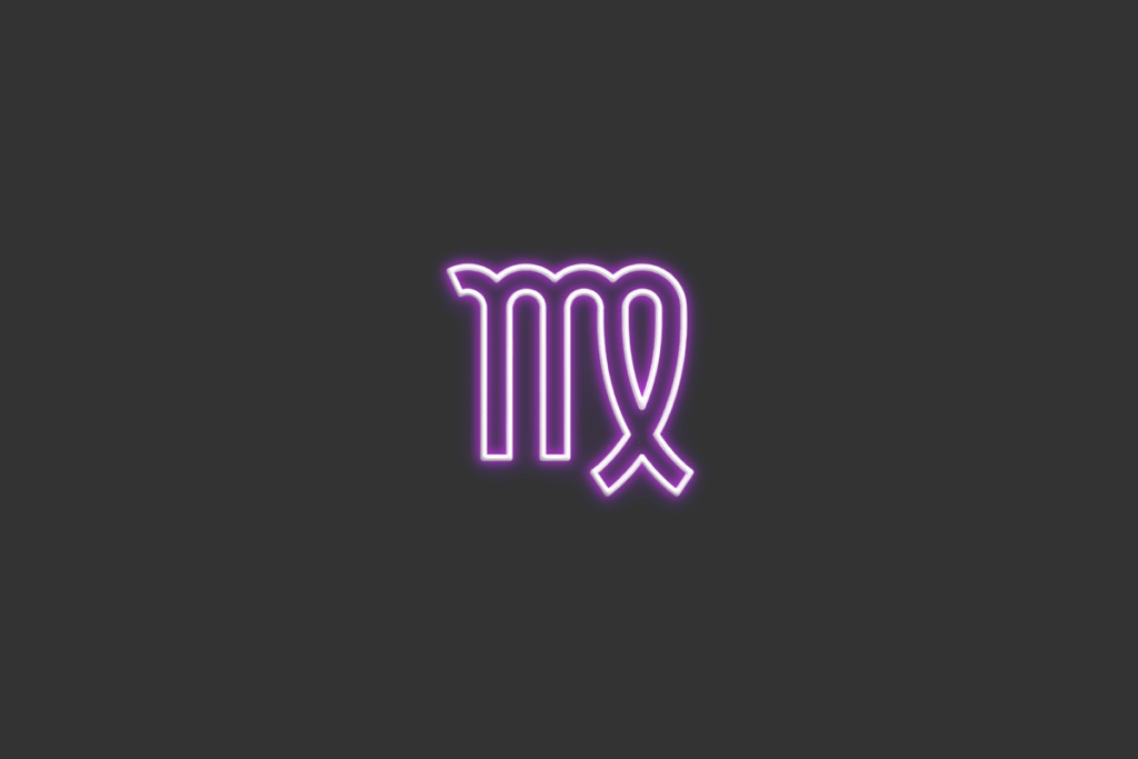 Ilustração do signo de Virgem, em fundo cinza-escuro, contendo um M com um laço na última perna desenhado em neon roxo.