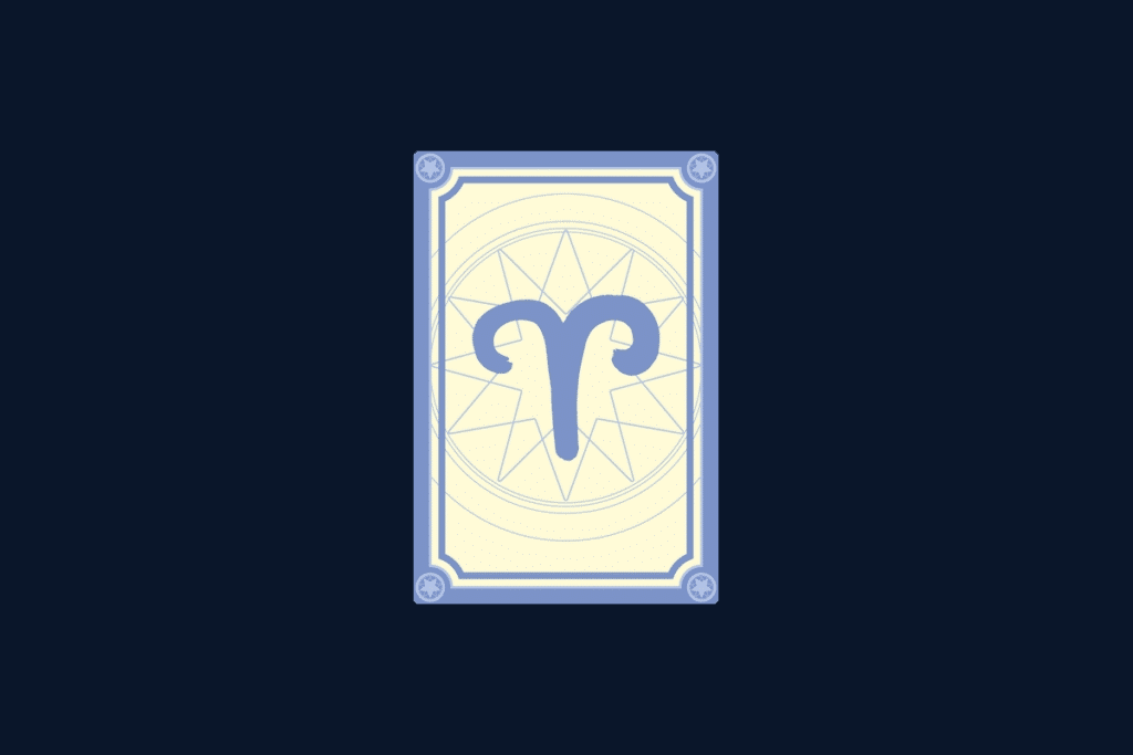 Ilustração do signo de Áries, contendo chifres estilizados, no centro de uma carta de tarô, em fundo azul-escuro