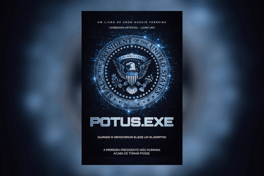 Capa do livro “POTUS.EXE”, com o selo presidencial dos Estados Unidos em tons de azul.