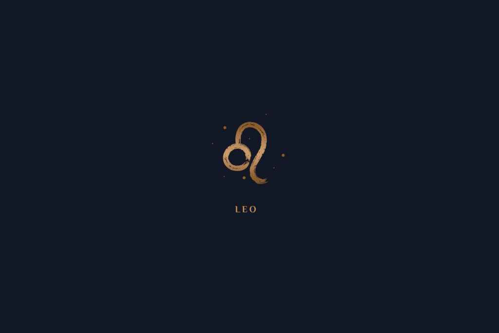 Ilustração do símbolo de leão em dourado, com o nome do signo abaixo, centralizado em fundo azul-escuro