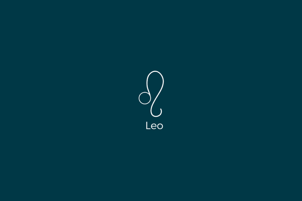 Ilustração do signo de leão, com o nome do signo abaixo, centralizado em um fundo verde-escuro