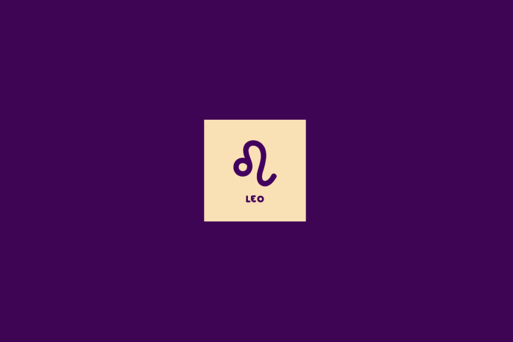 Ilustração do signo de leão dentro de um quadrado bege-claro e centralizado em fundo roxo-escuro