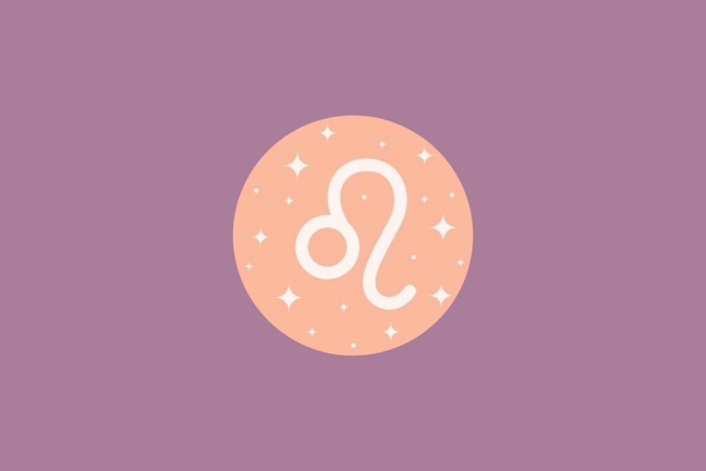 Ilustração de círculo laranja com estrelas e símbolo do signo de leão sobre fundo roxo