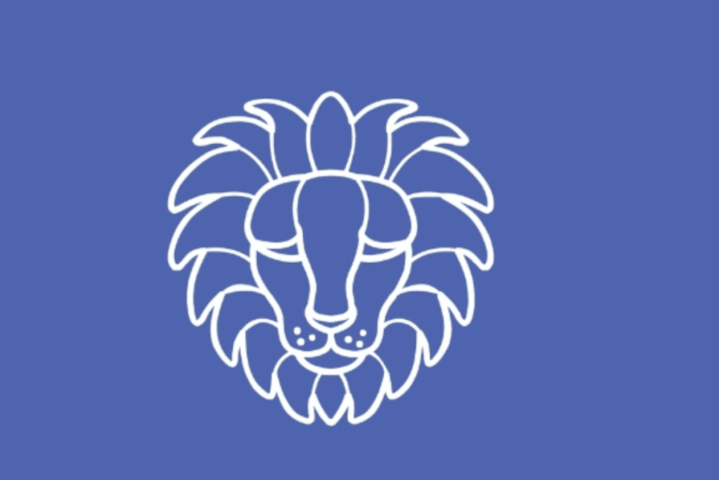 A imagem representa o signo de Leão por meio da cabeça de um leão vista de frente. A ilustração está centralizada sobre um fundo azul e é composta por linhas brancas.