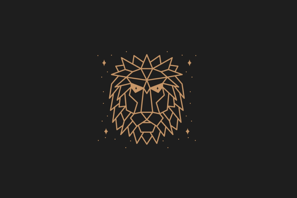 Ilustração do signo de leão em dourado, com estrelas ao redor, centralizada sobre fundo preto