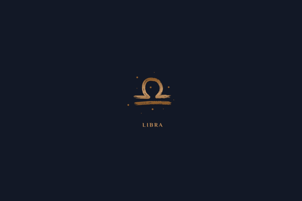 Ilustração do símbolo de libra em dourado, com o nome do signo abaixo, centralizado em fundo azul-escuro