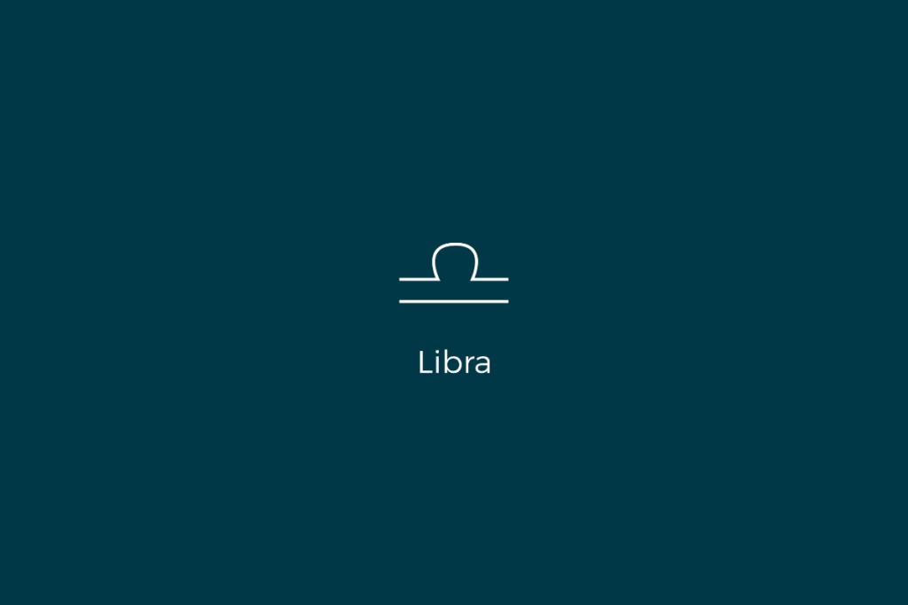 Ilustração do signo de libra, com o nome do signo abaixo, centralizado em um fundo verde-escuro