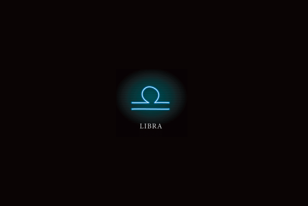 Ilustração do símbolo do signo de Libra em azul, com o nome do signo abaixo, sobre fundo preto