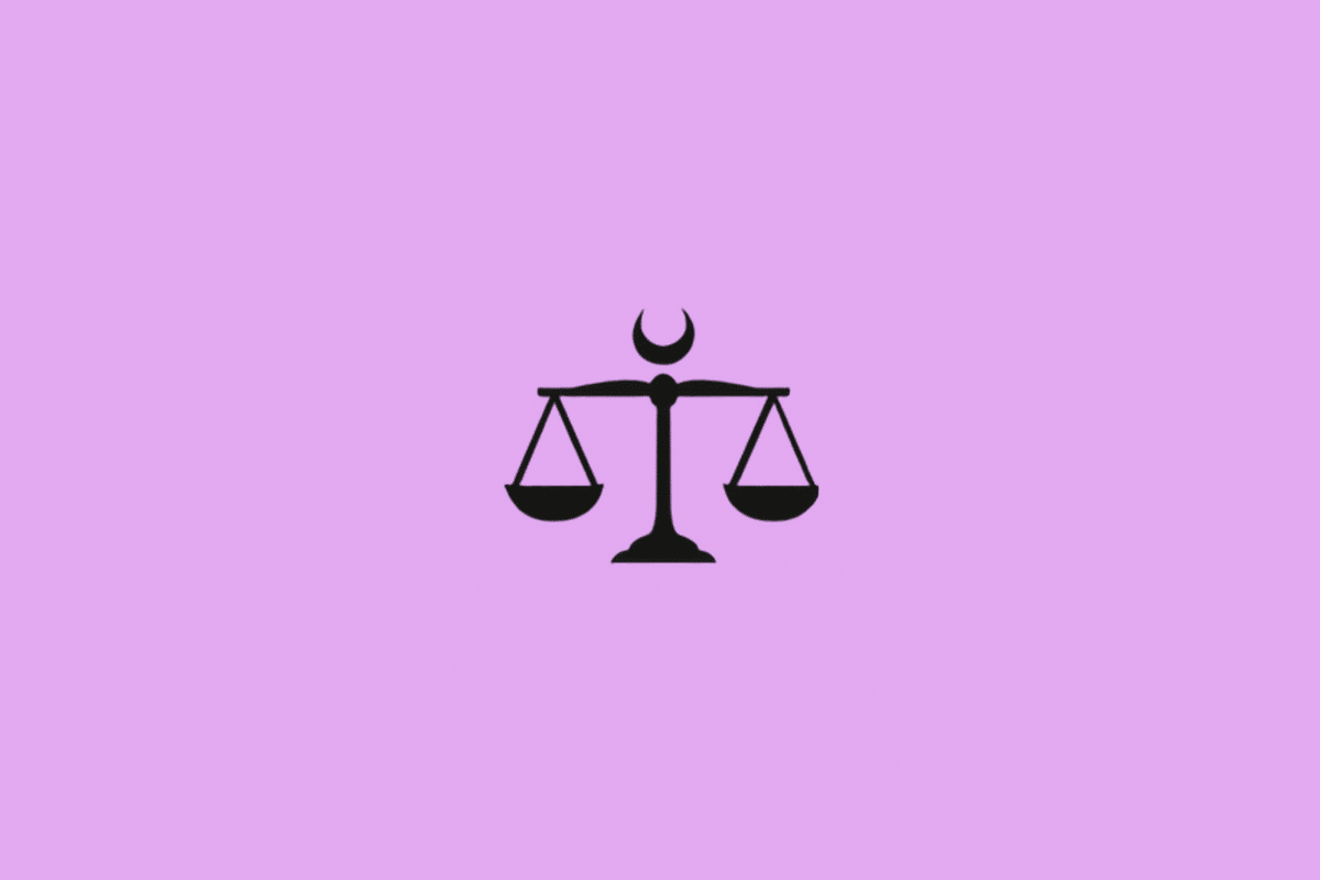 Símbolo do signo de Libra em preto com uma lua em fundo roxo