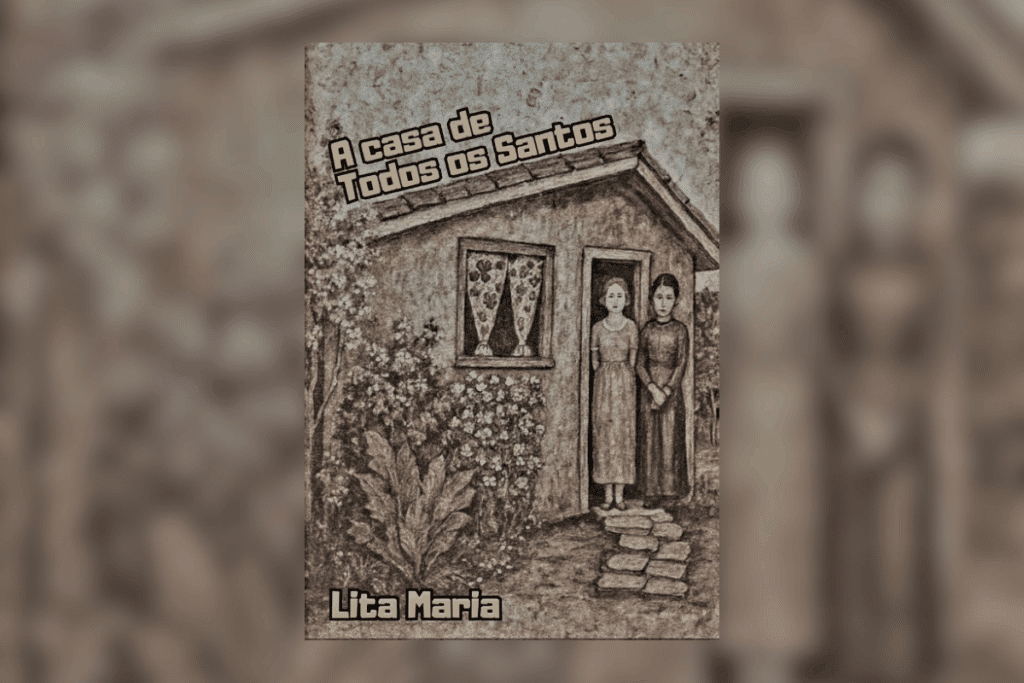 Capa de livro com ilustração de uma casa antiga com duas mulheres na porta e o nome do autor e o título em marrom